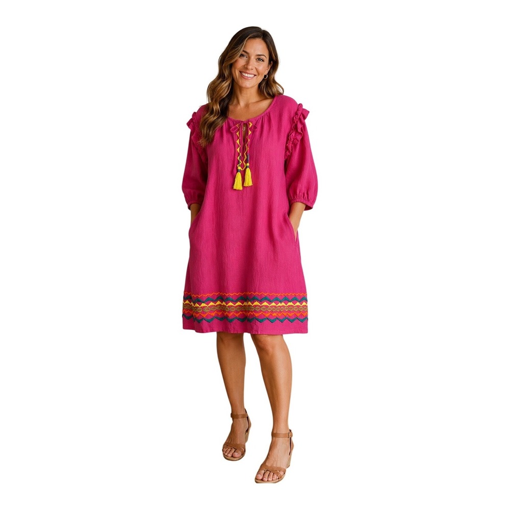 Uncle Frank Linen Embroidered Shift Dress M Pink Boho Tassel Festival Lagen
